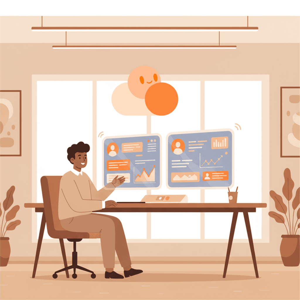 Workspace moderno com colaboração humano-IA
